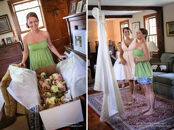 Bride looking at her dress and flowers.