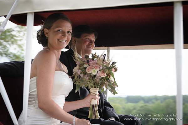 Bride & Father arrive at wedding ceremony, horse drawn carriage