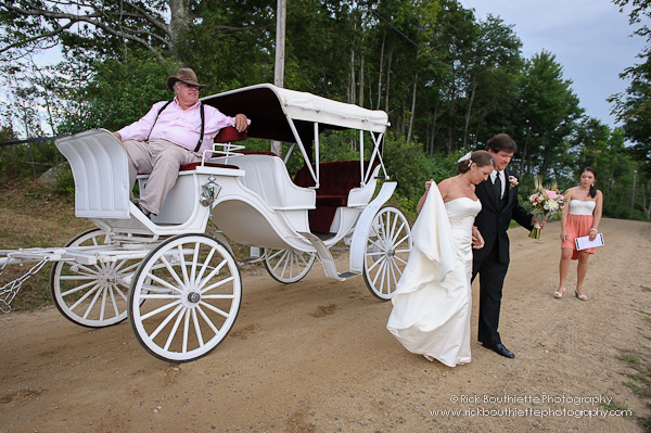 Bride & Father arrive at wedding ceremony, horse drawn carriage