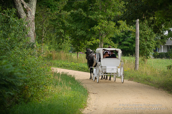 Bride & Groom leave wedding ceremony in horse drawn carriage