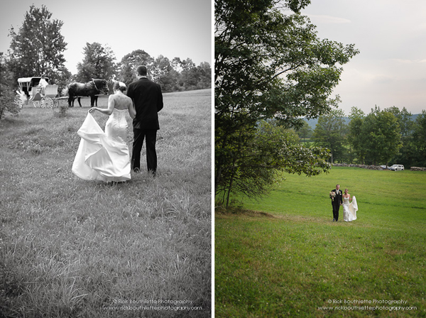 Bride & Groom walk in field, carriage in background