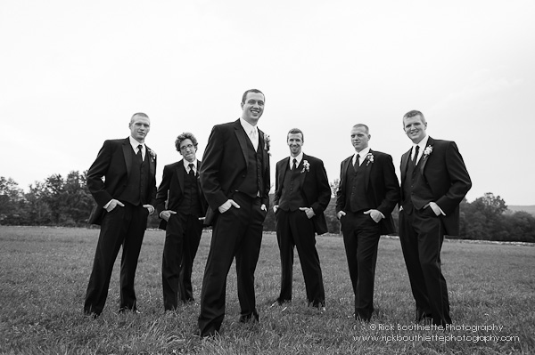 Groom & Groomsmen in field, black & white