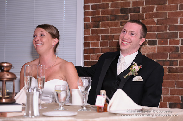 Bride & Groom laugh during toast at wedding reception, Fratello's, Manchester, NH