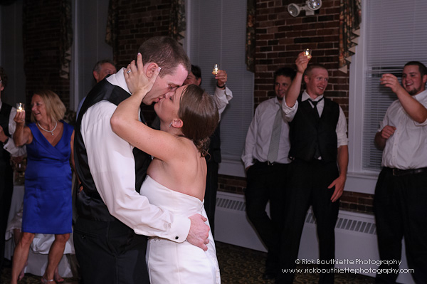 Bride & groom kiss after last dance at wedding reception, Fratello's, Manchester