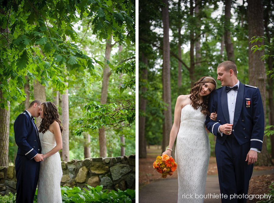 Bride and groom in park during first look