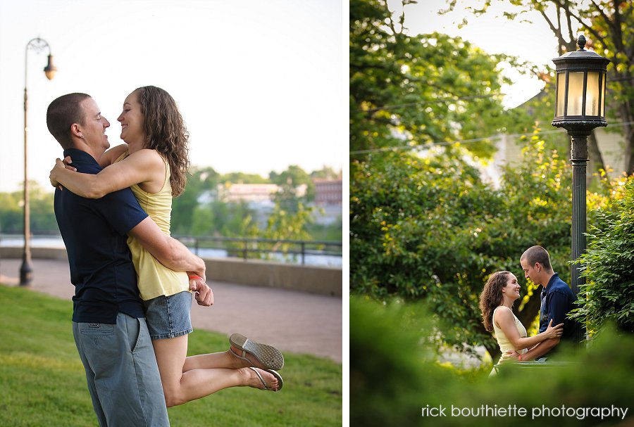 couple embracing each in park under antique lamp post