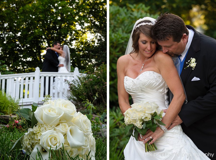 Bride & groom on bridge, bouquet in foreground at the executive court banquet facility