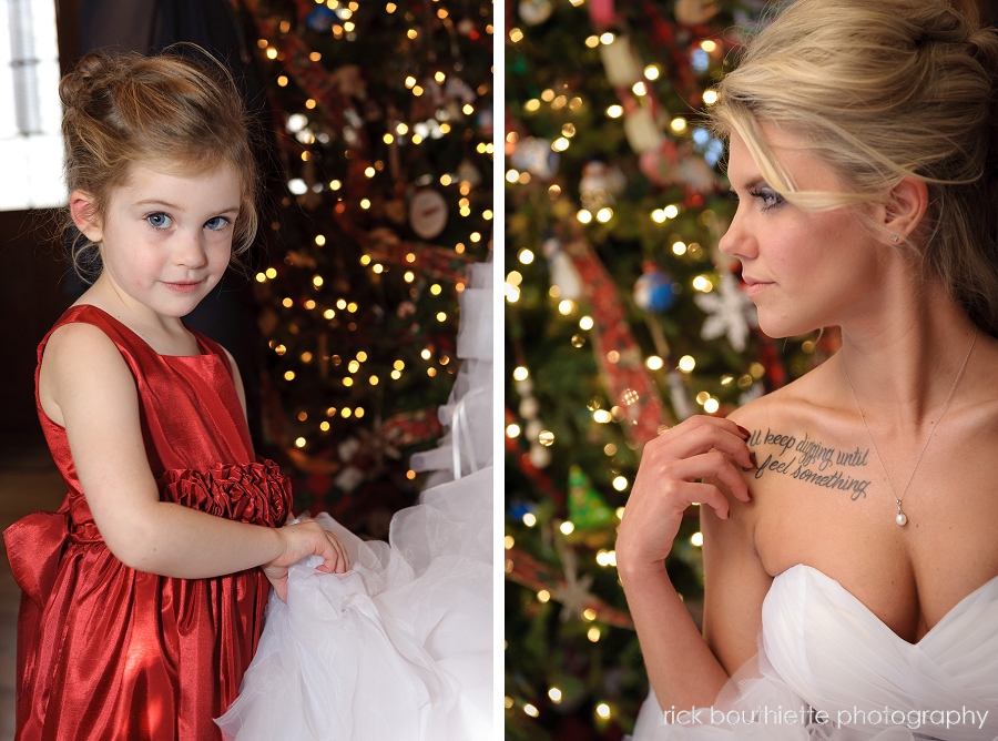 Bride portrait and flower girl at Christmas wedding