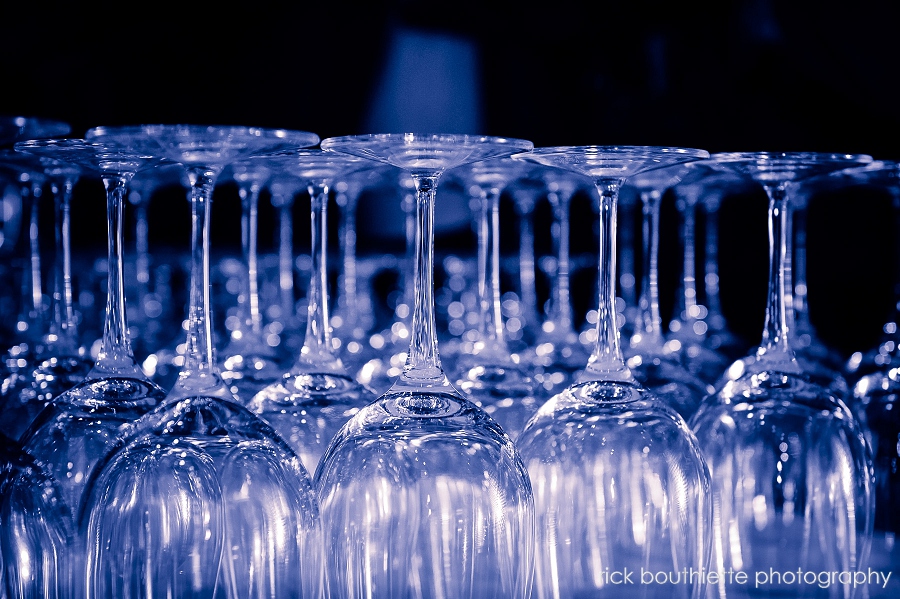 Wine glasses lined up at wedding cocktail hour, LaBelle Winery Wine Cellar