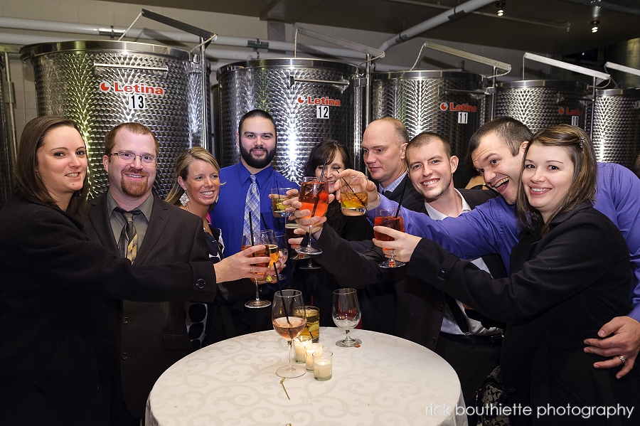 wedding guests toast at cocktail hour, LaBelle Winery