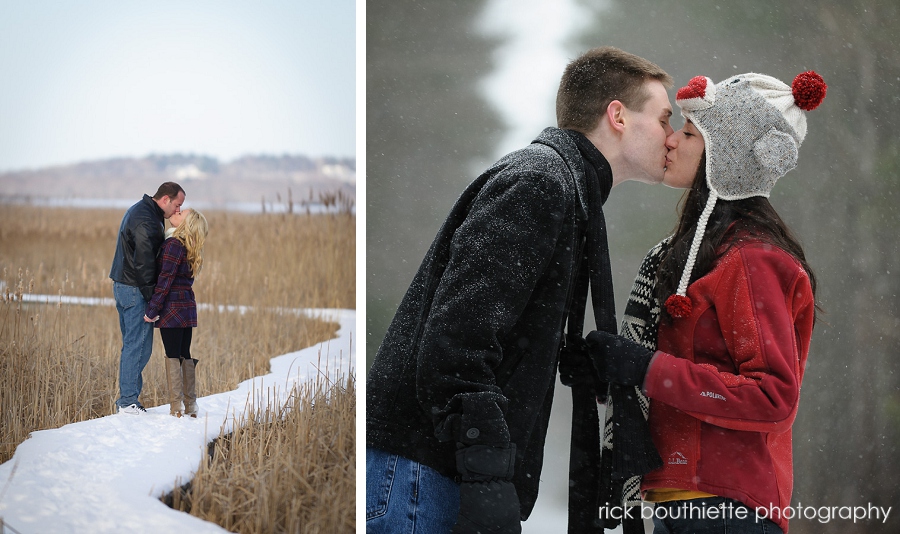 couple kissing on snowy day during engagement session