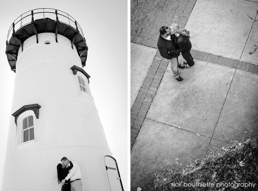 couple kissing in front of lighthouse at engagement photo session on Martha's Vineyard