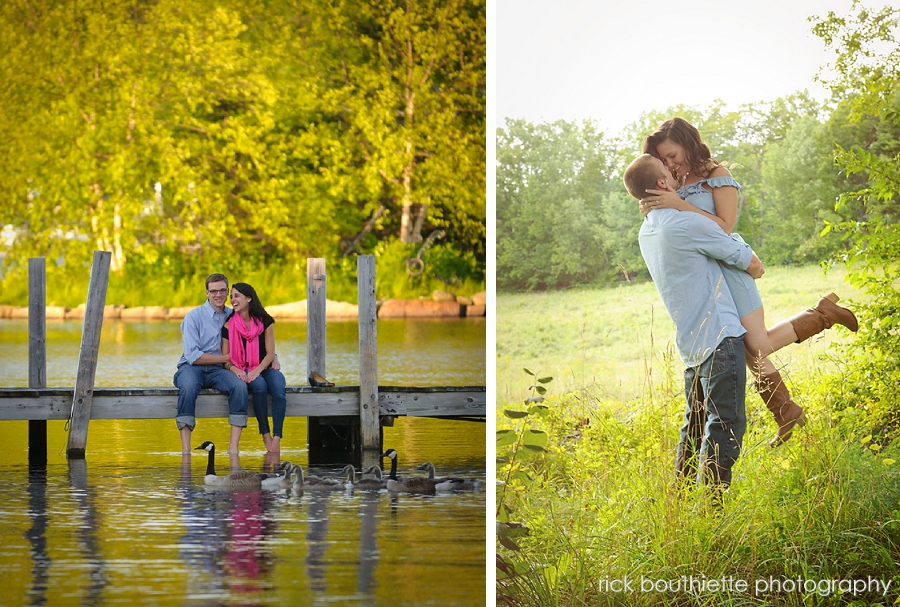 Couple sitting on dock and couple in a field during engagement session