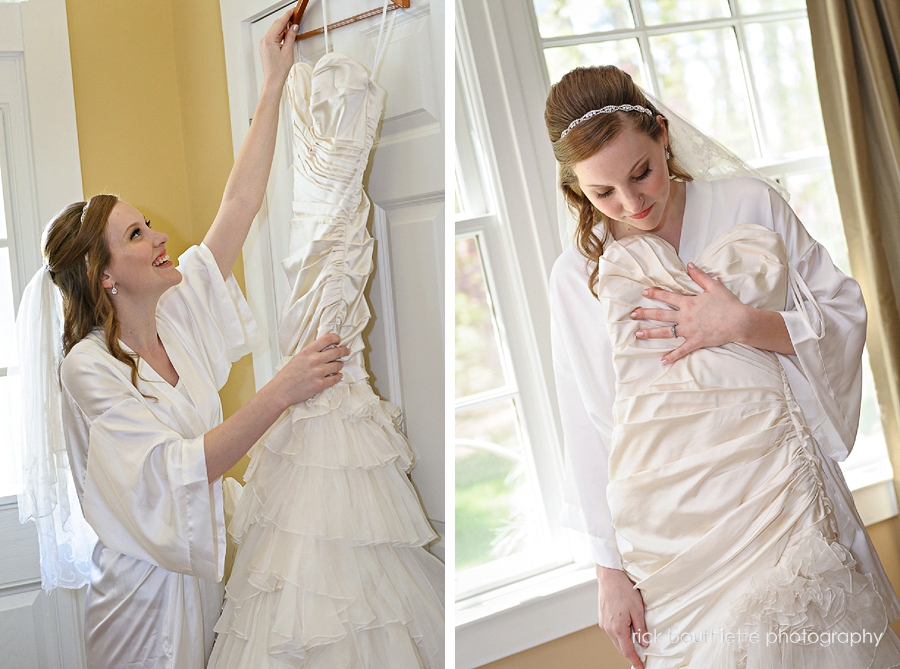 bride preparing to put her wedding dress on, rye, nh