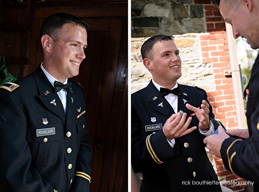 groom in army uniform prior to wedding ceremony