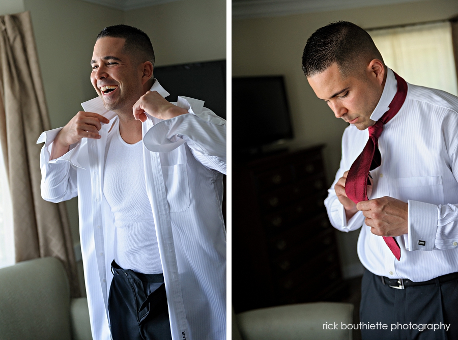 groom getting ready for his WACHUSETT VILLAGE INN WEDDING