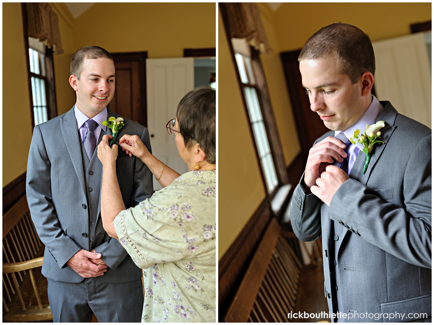 pinning boutineer on groom