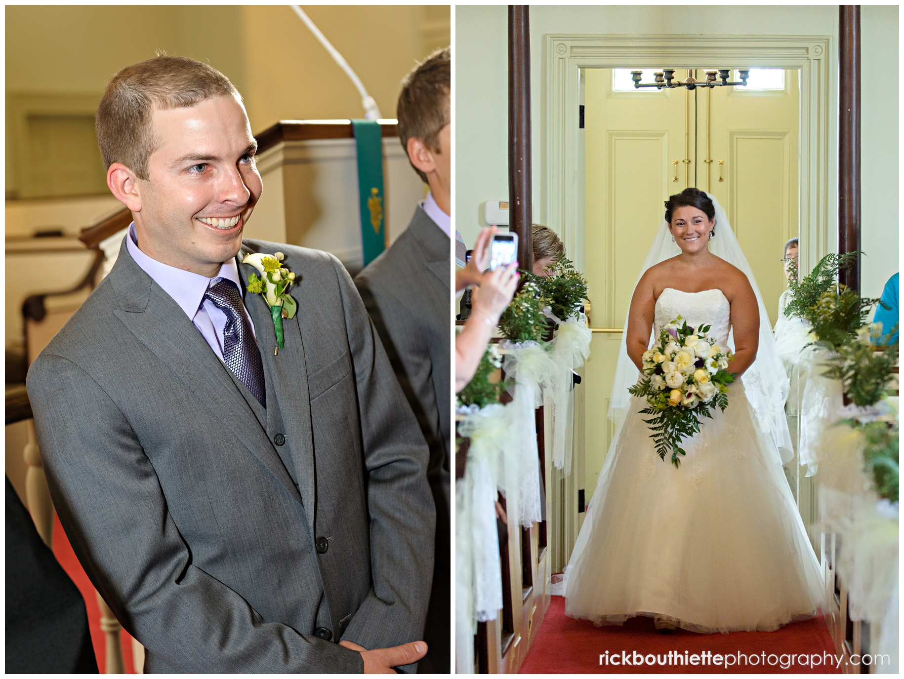 bride coming down aisle with groom watching