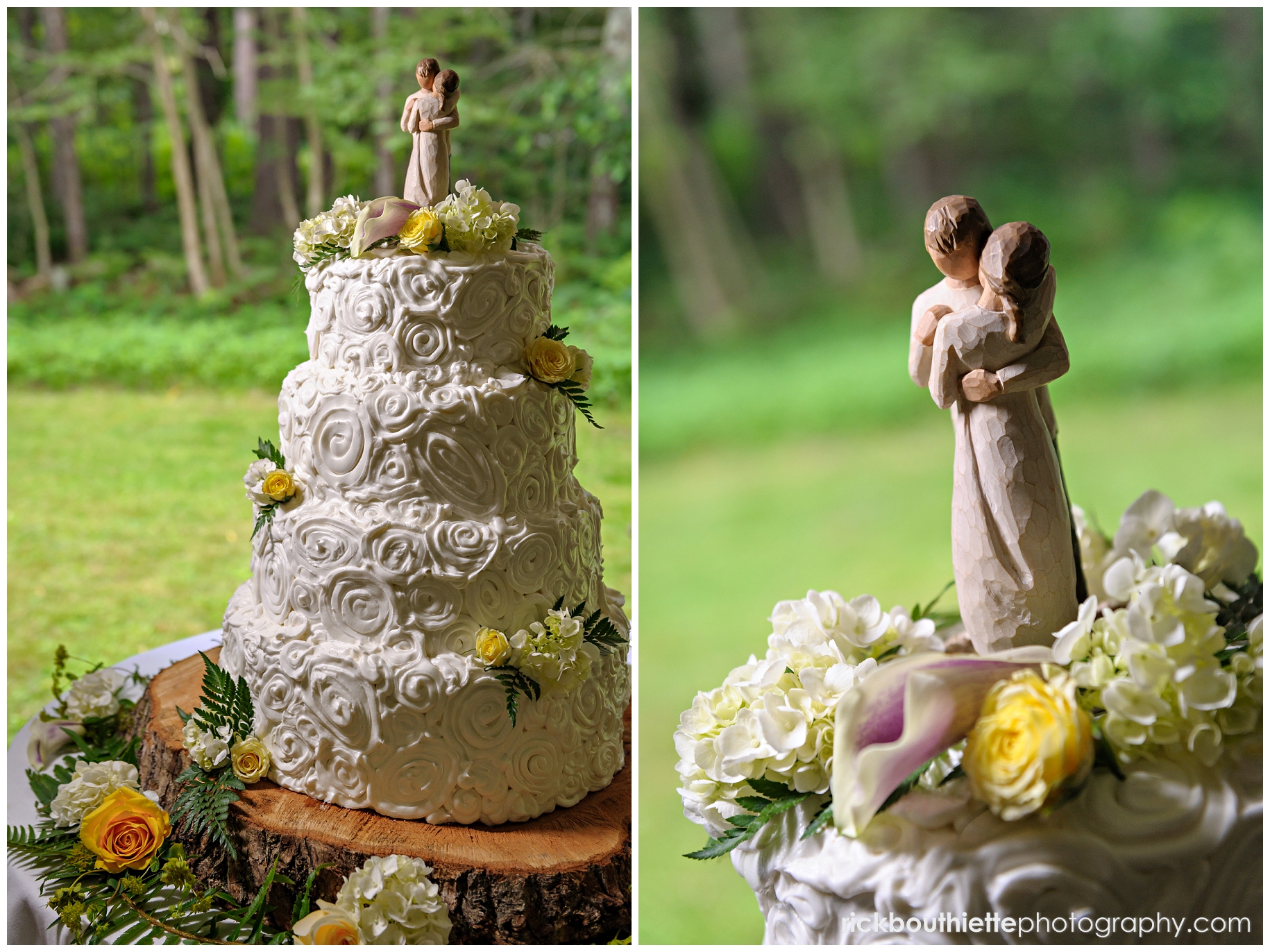 wedding cake on log slab