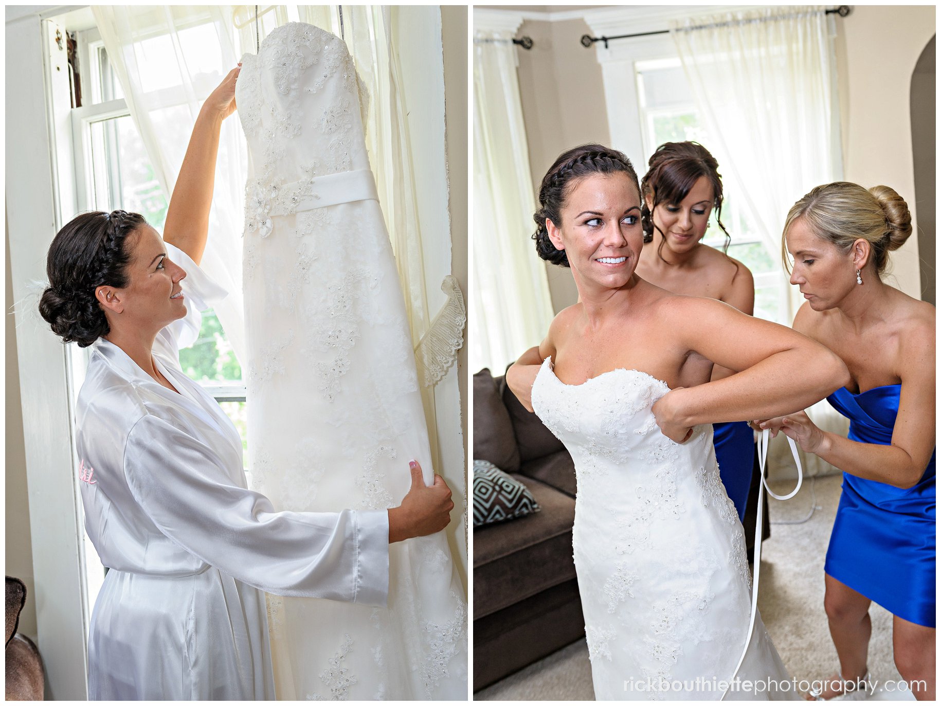 bridesmaids helping bride with dress