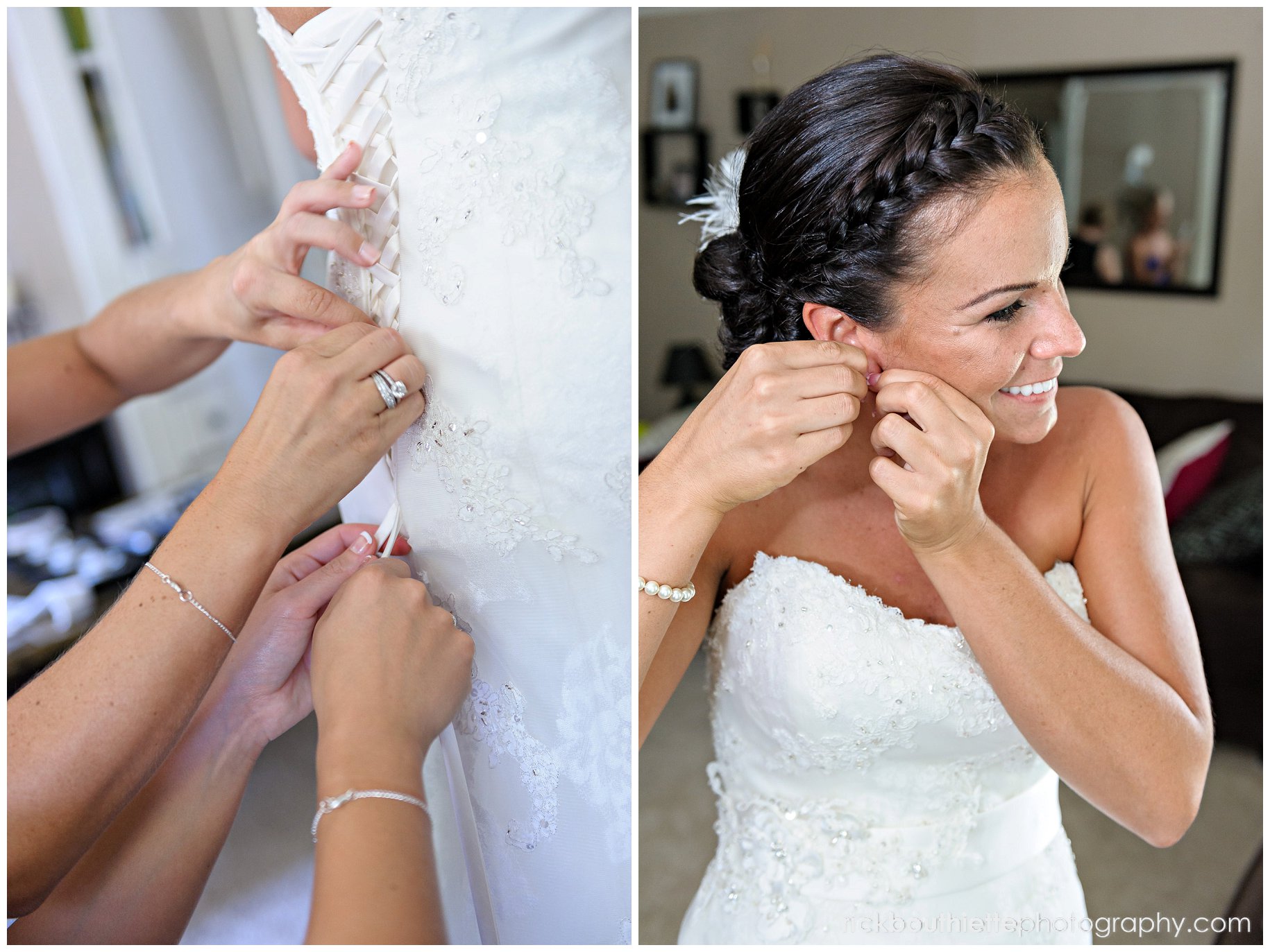 bride putting on earrings