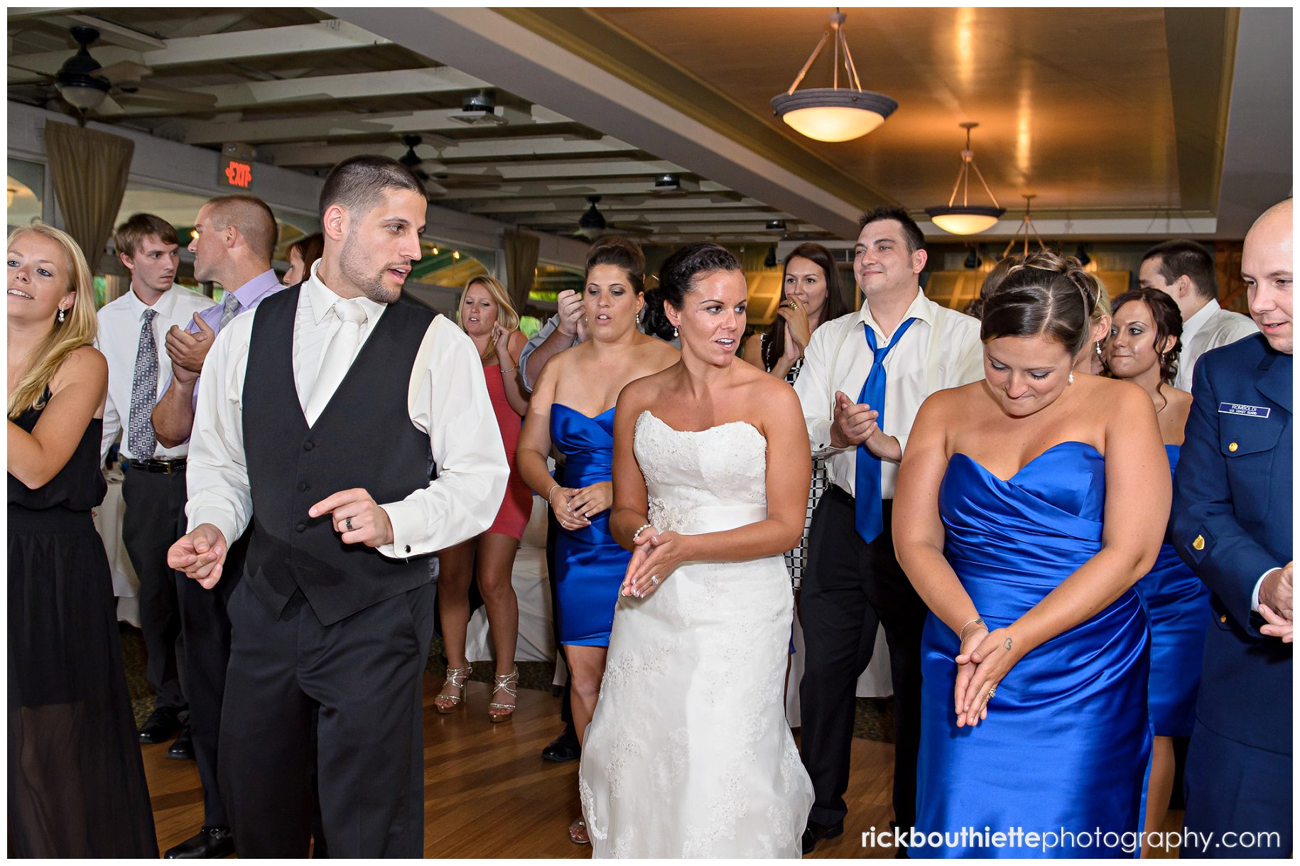 bride, groom and guests dancing at Candia Woods wedding