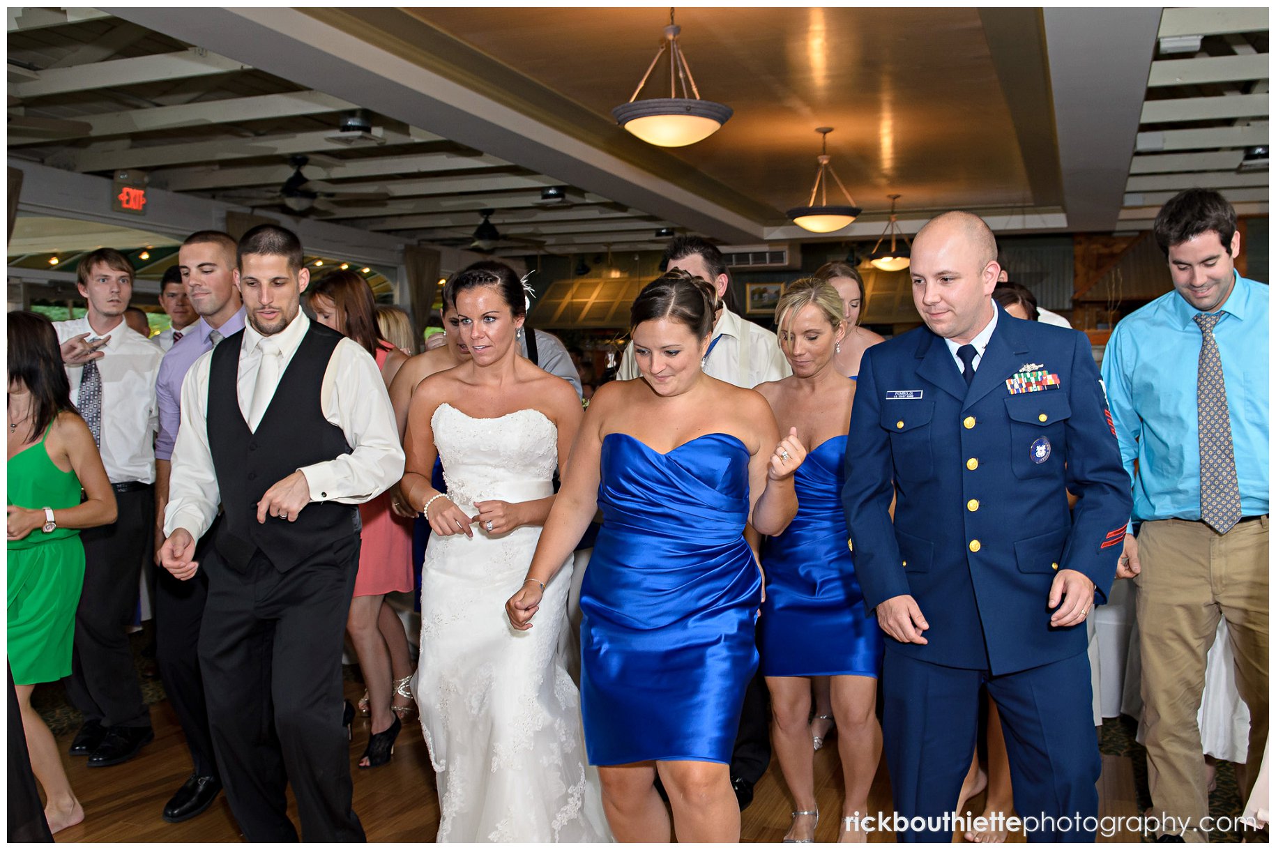 bride, groom and guests dancing at Candia Woods wedding