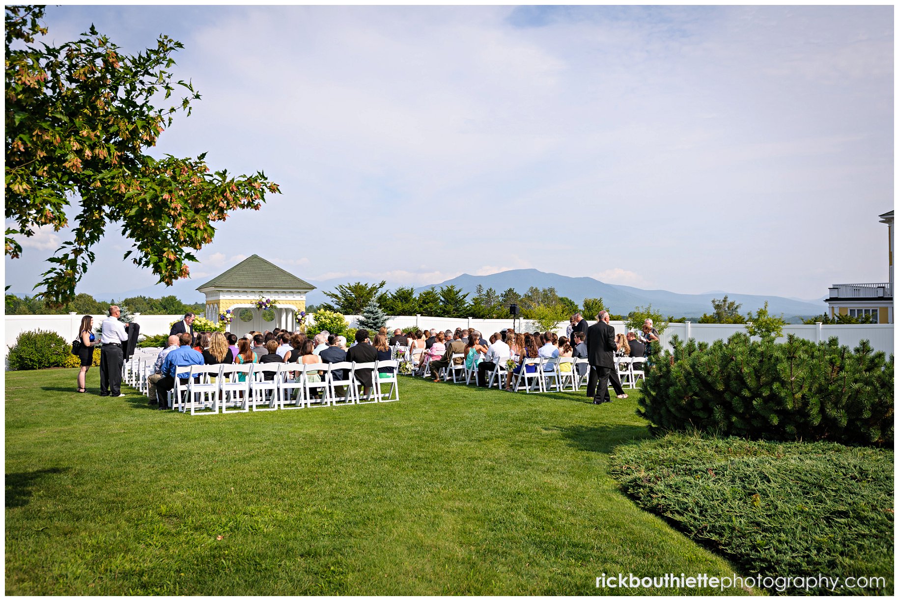 guest gather for wedding on the Grand Terrace at Mountain View Grand