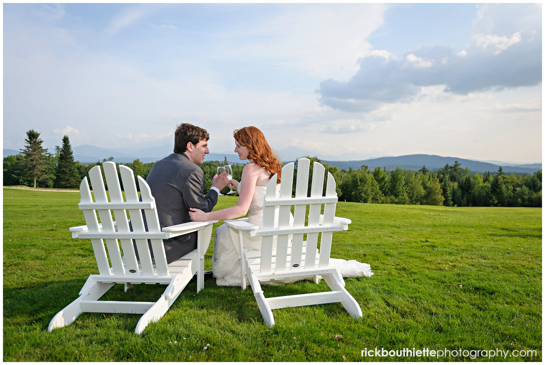 bride and groom in adirondack chairs
