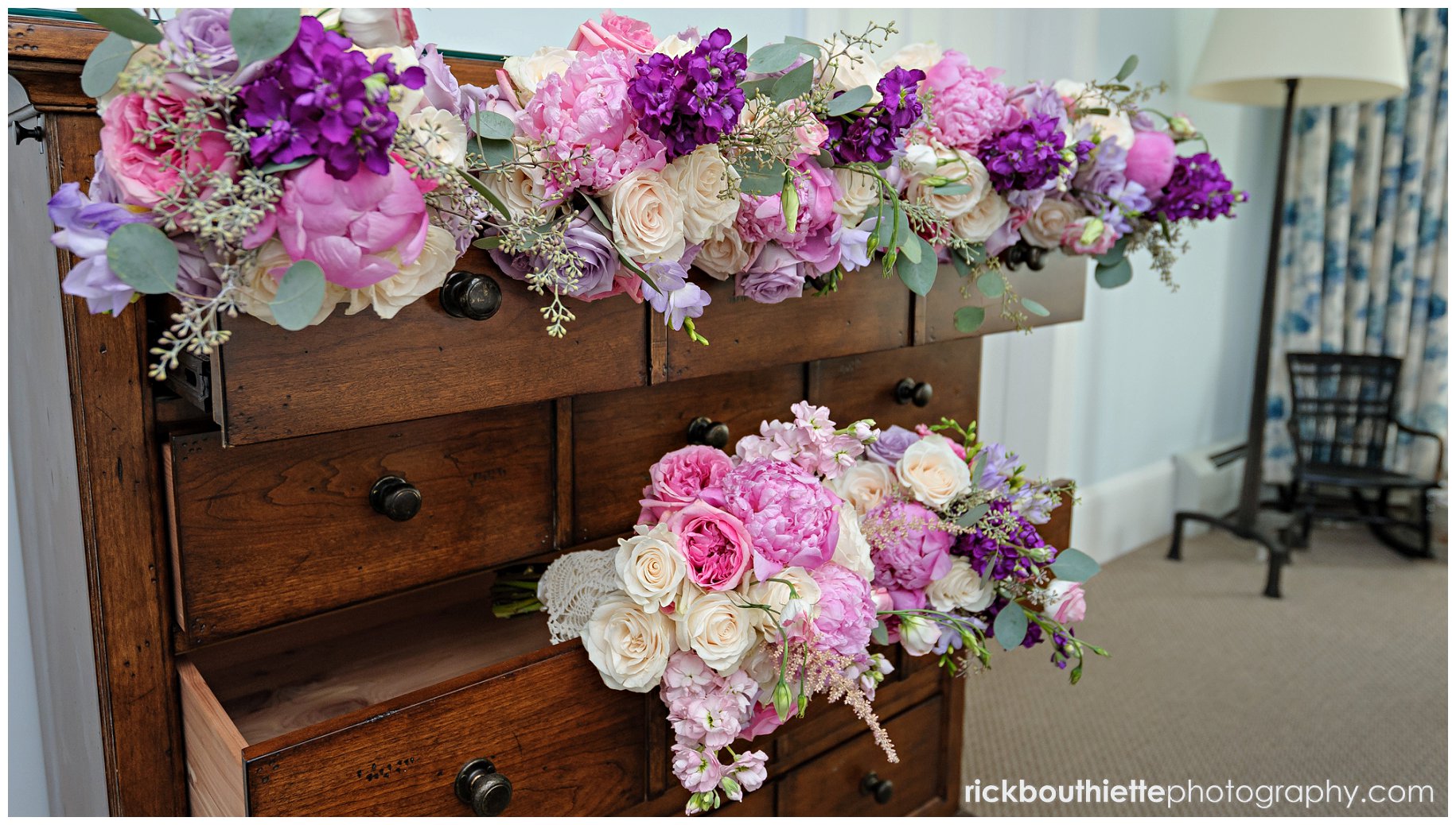 bridal bouquets arranged in dresser drawers