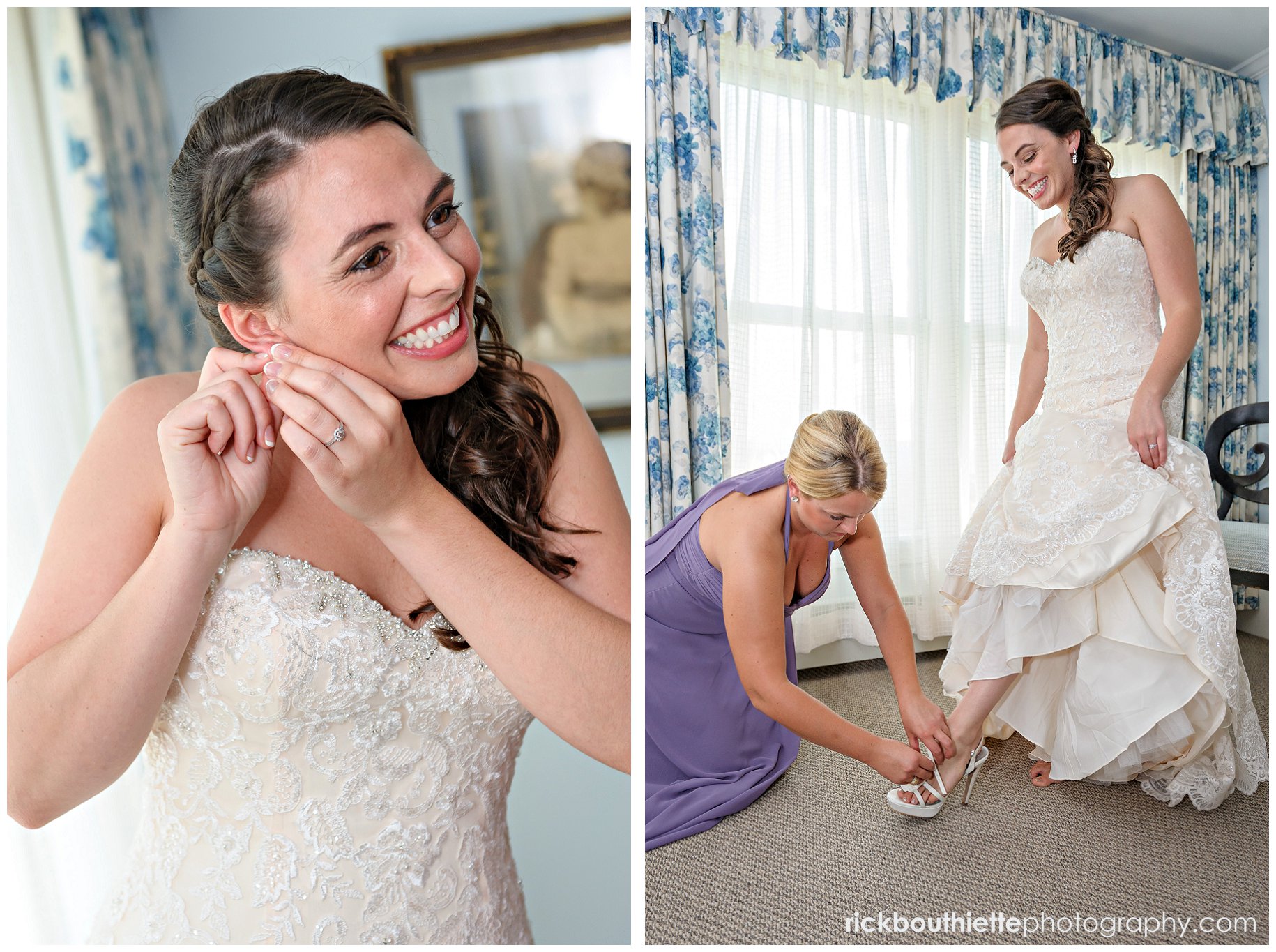 bride putting on earrings and shoes