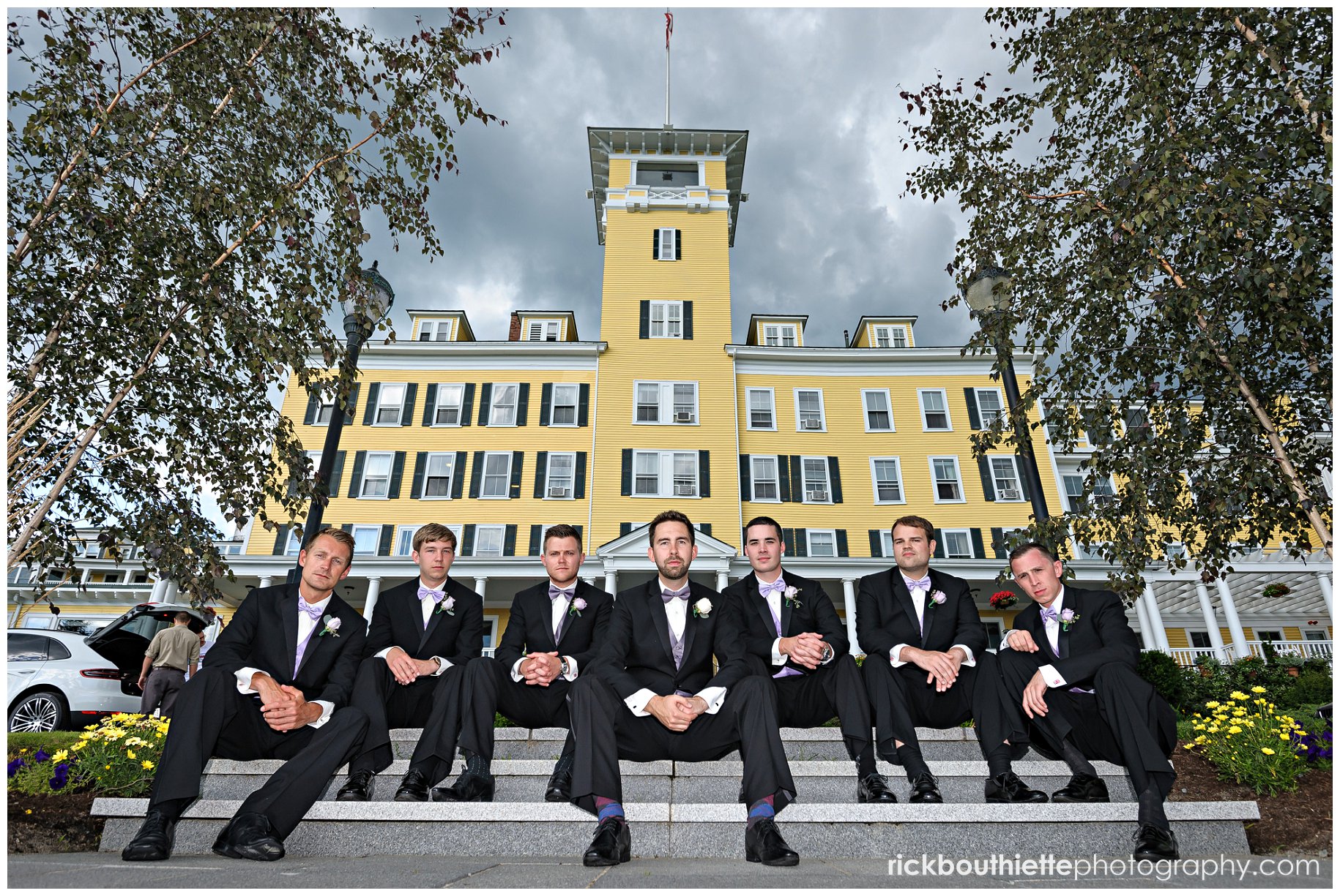 groom and groomsmen on stairs at Mountain View Grand