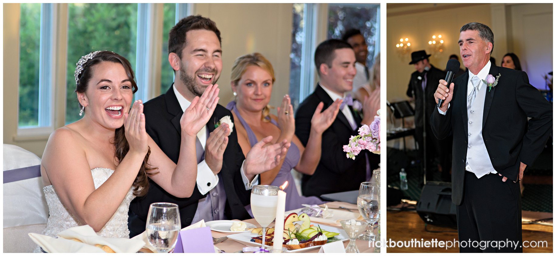 bride and groom clapping during toast