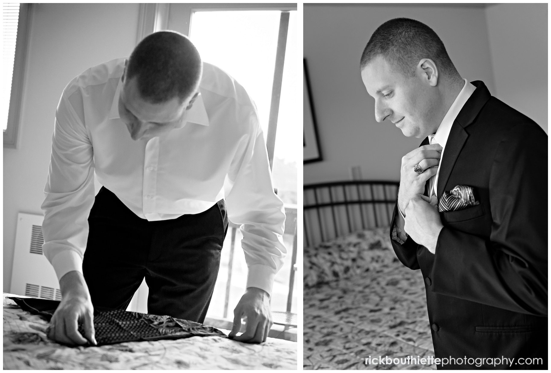 groom folding handkerchief and adjusting his tie