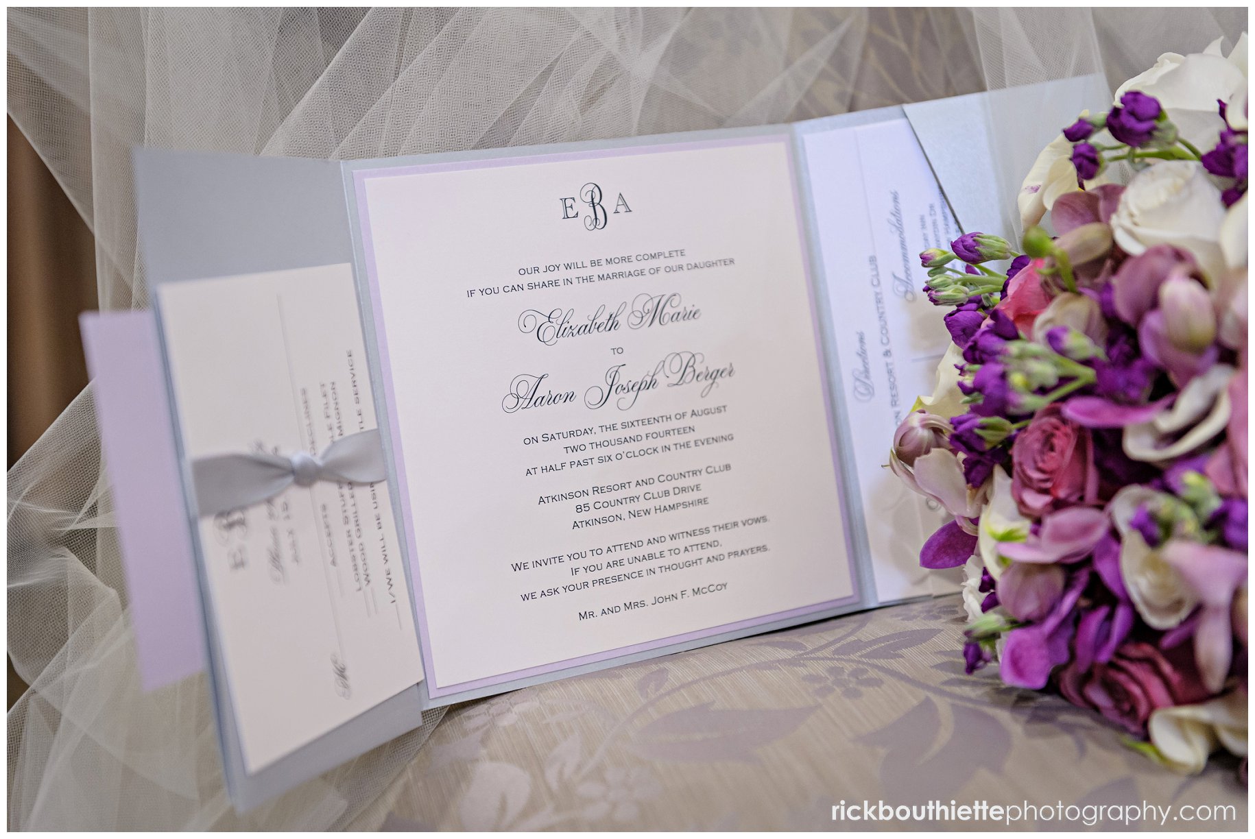 wedding invitation and bouquet