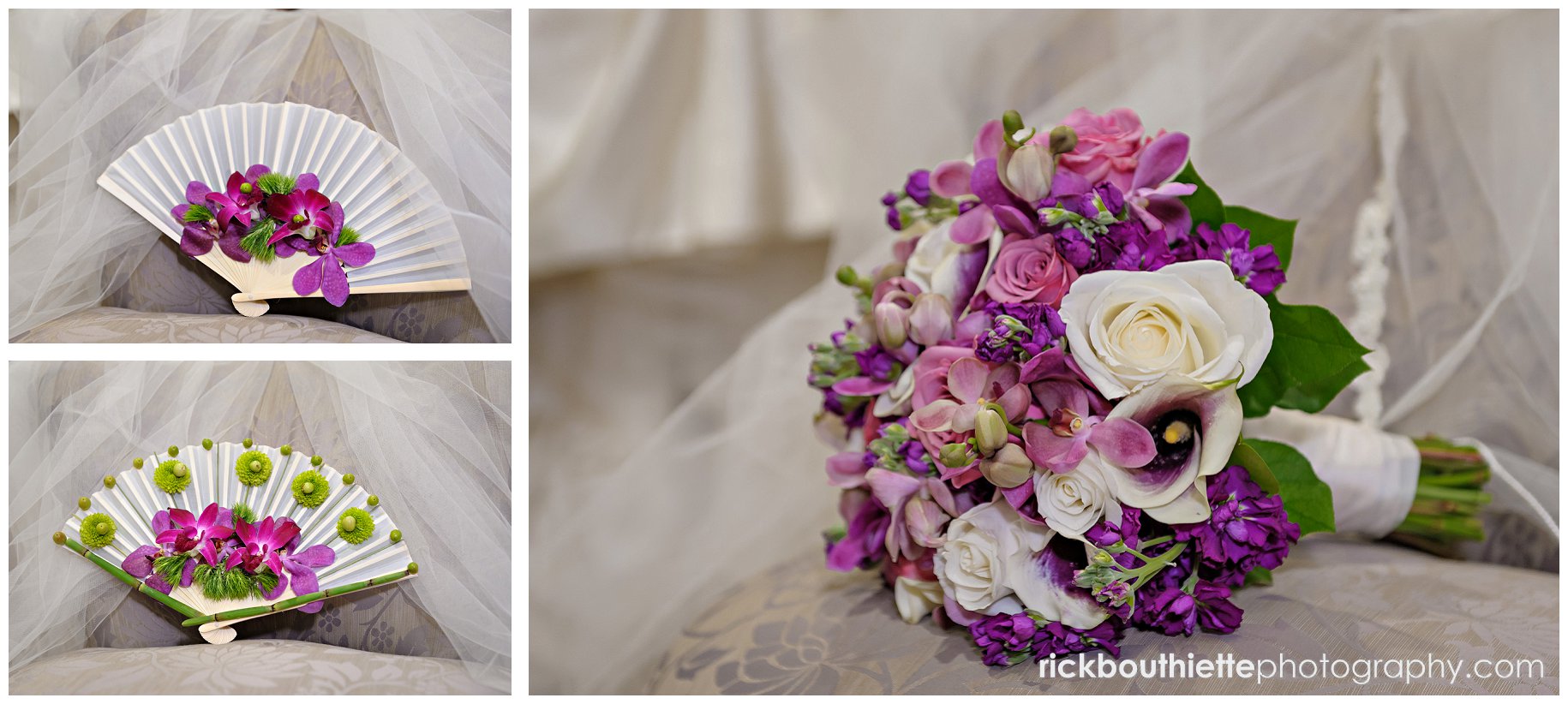 bride's bouquet with Mother's fans by Harrington Flowers