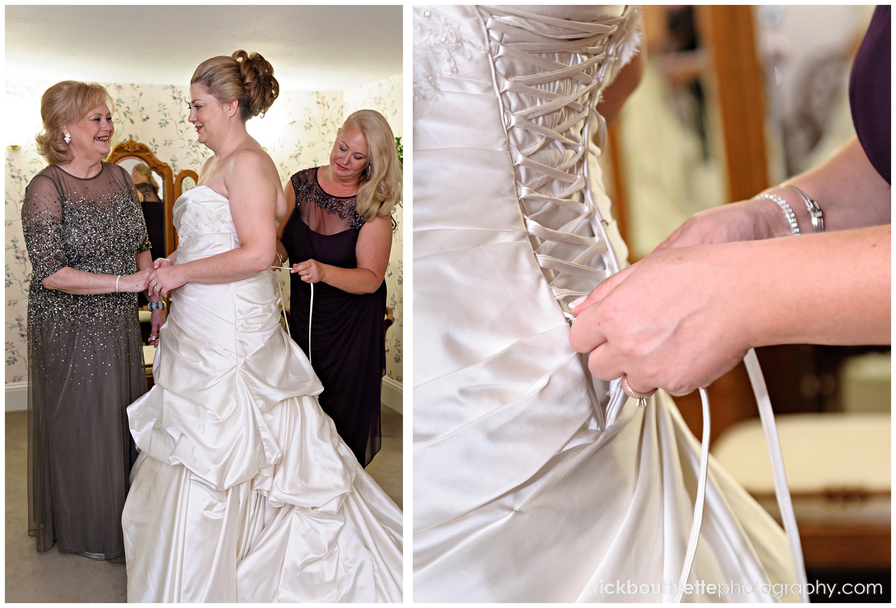 maid of honor lacing bride's dress