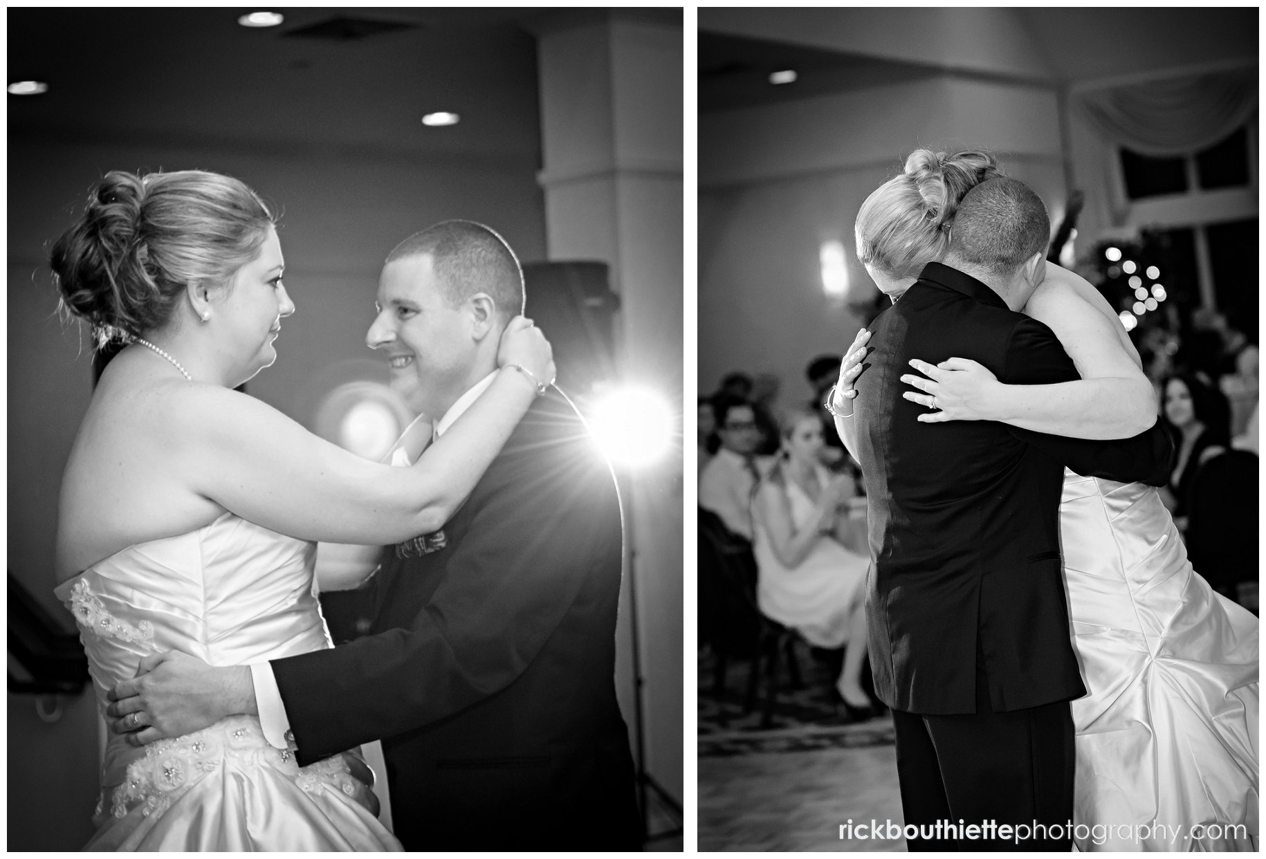 black & white of bride & groom first dance at Atkinson Country Club