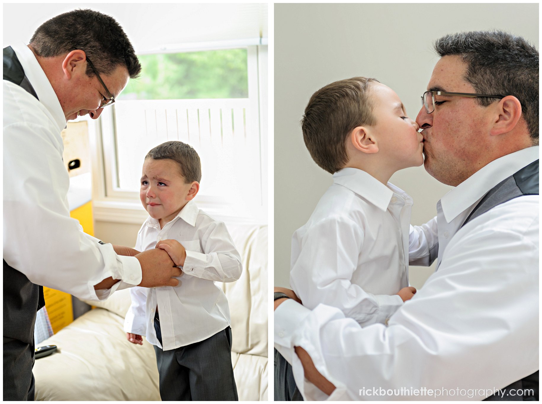 Groom helping his sone the ring bearer get ready for wedding