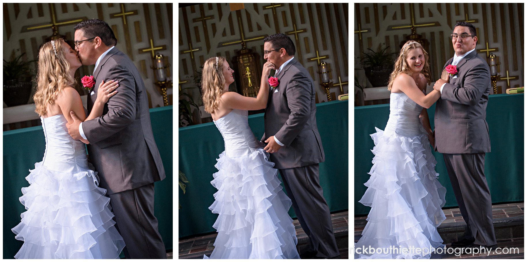 sequence of bride & groom kiss, bride wipes lipstick and laugh