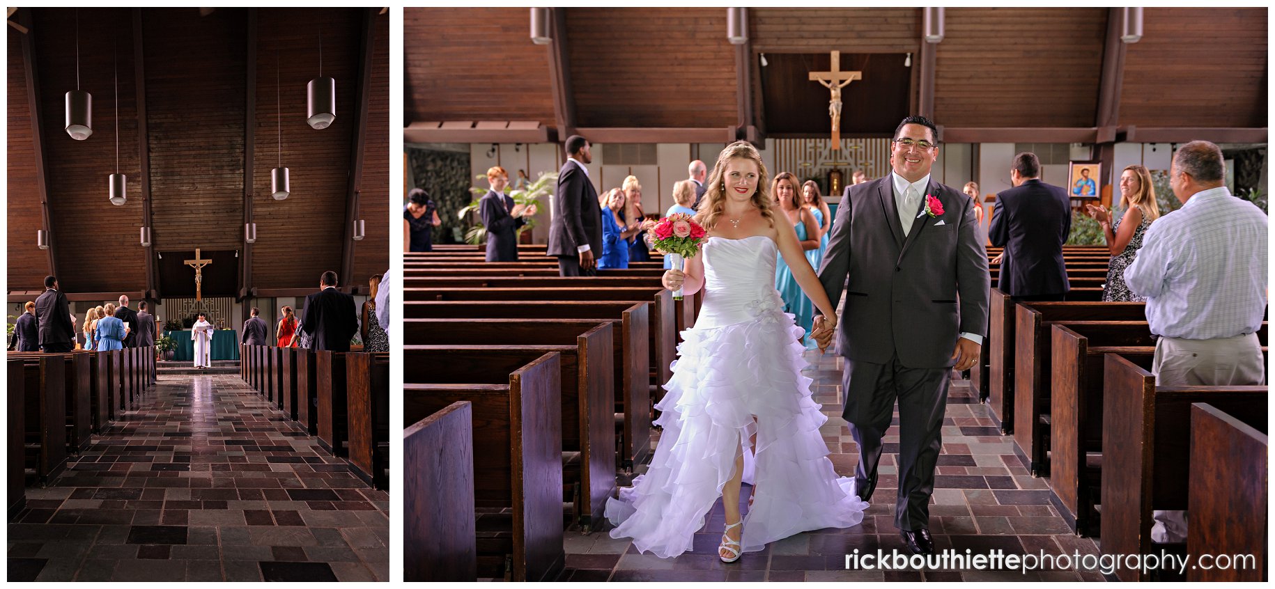 bride and groom walk down aisle after wedding ceremony