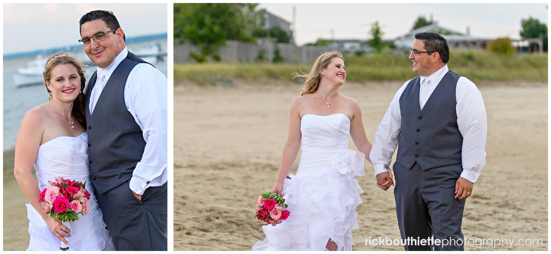 bride & groom walking on the beach