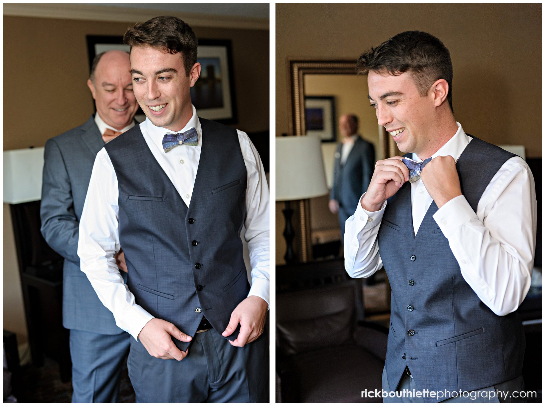 groom getting ready, adjusting tie, Dad looking on