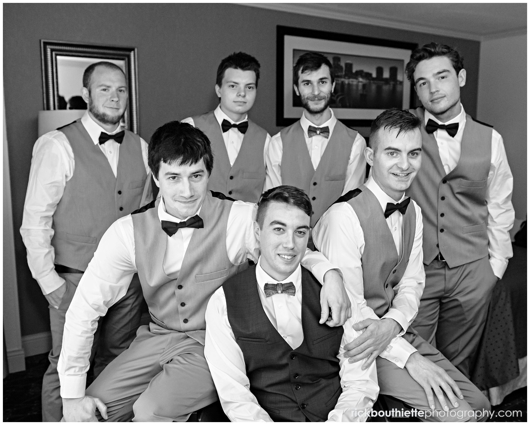 groom and groomsmen before ceremony, black & white