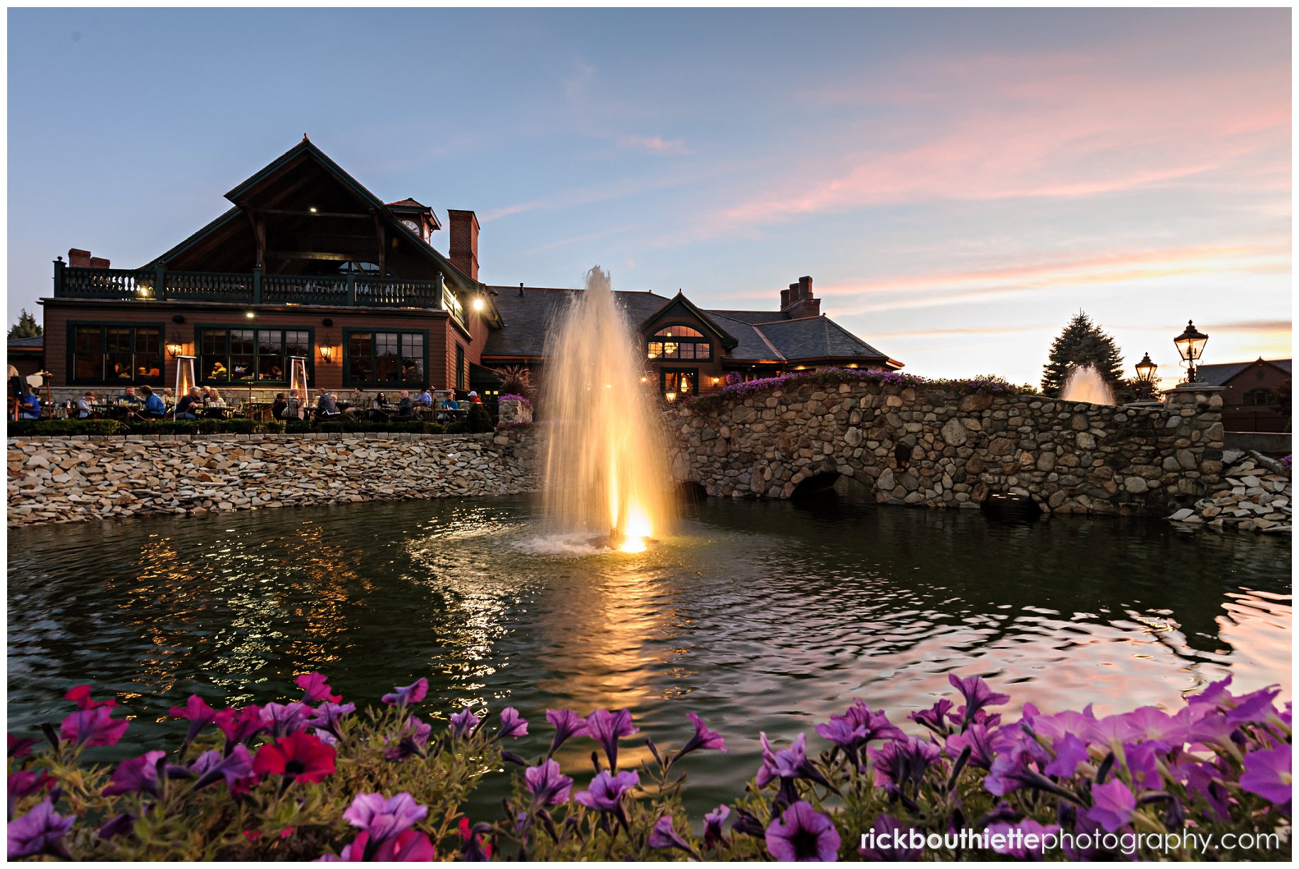 Tewksbury Country Club in the evening with fountains