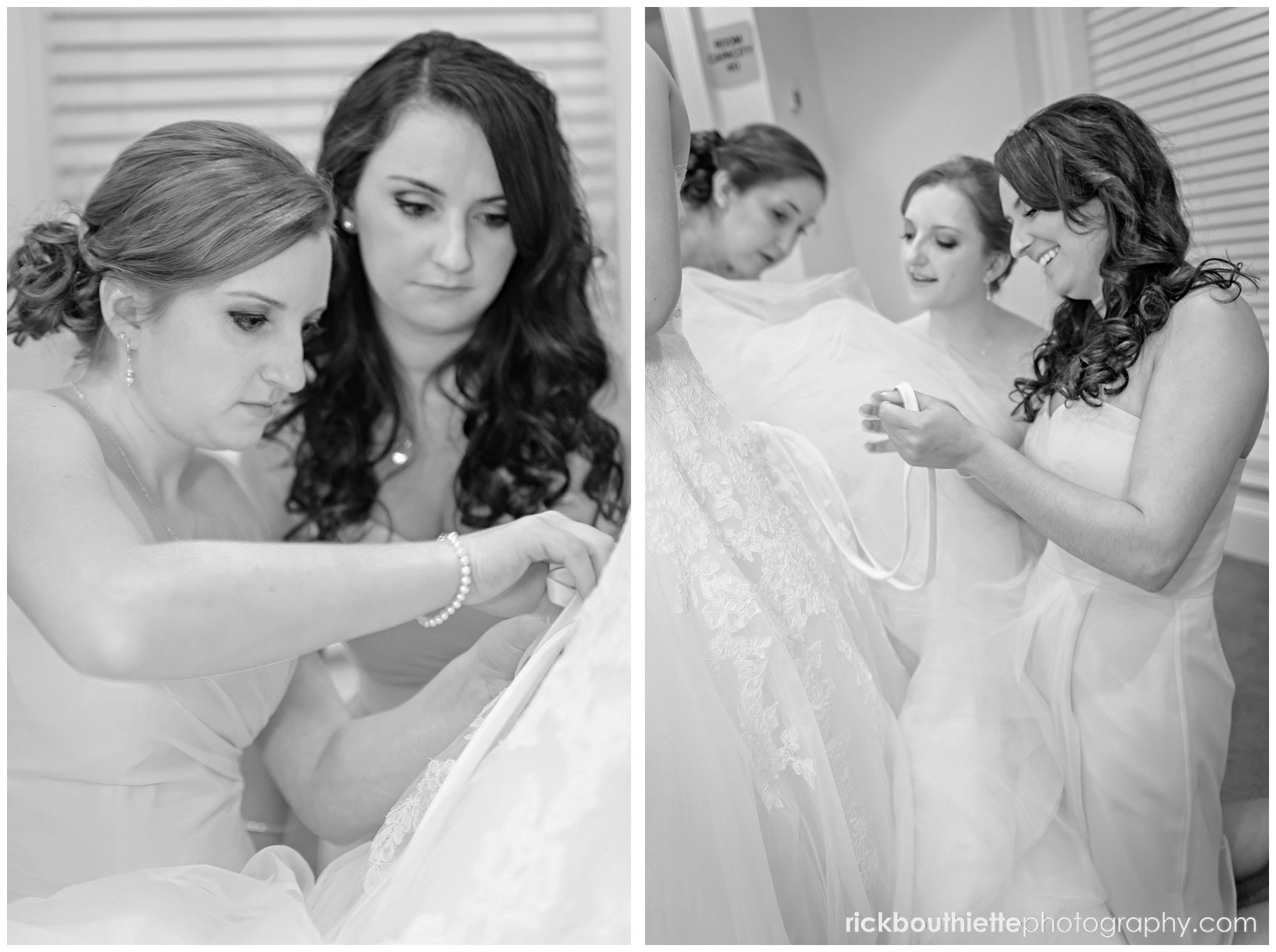 bridesmaids helping bride with wedding gown