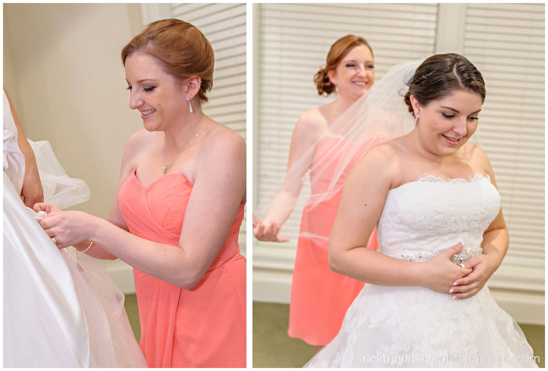 bridesmaid helping bride with veil