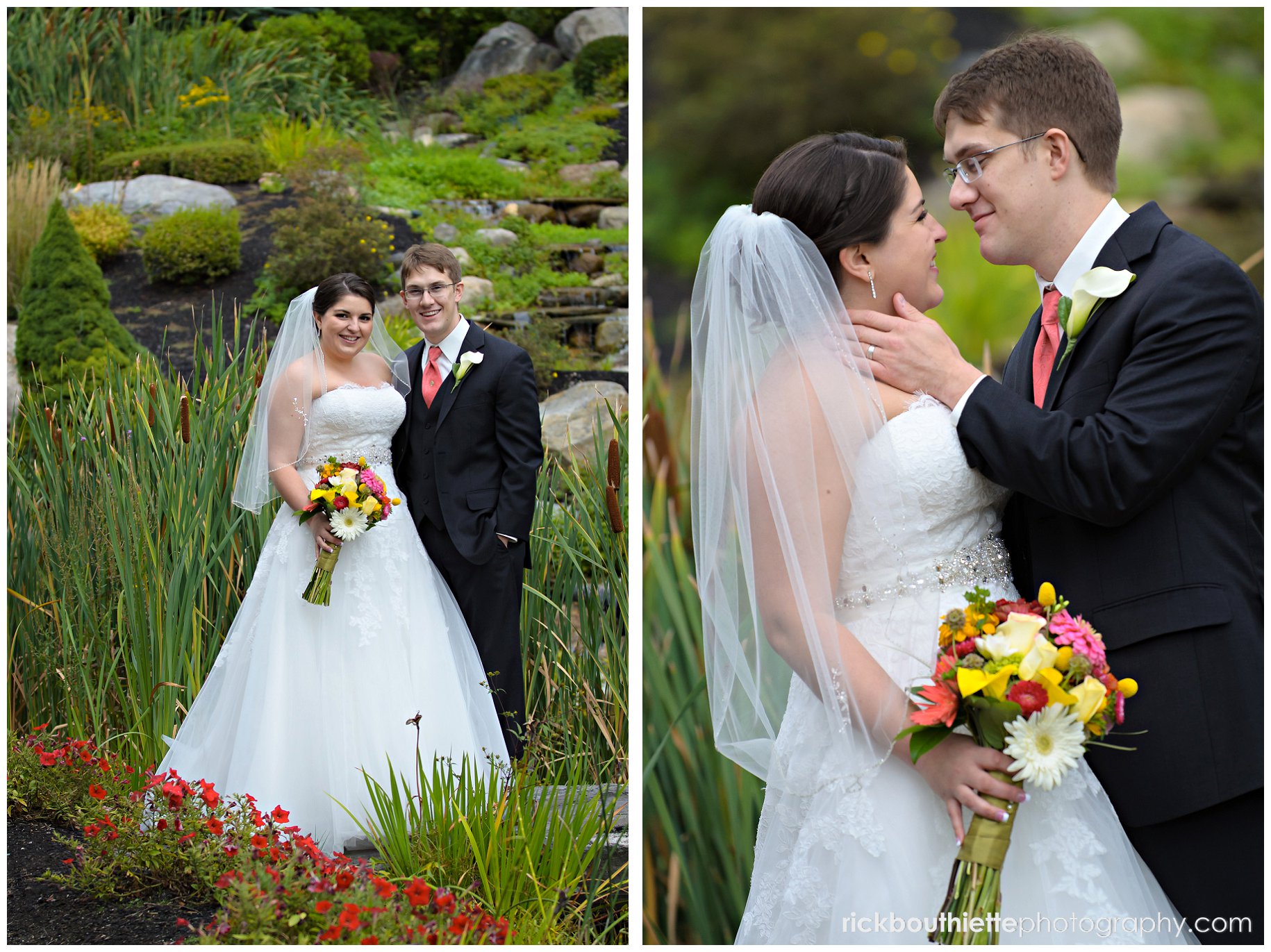 wedding portrait near waterfall at atkinson country club