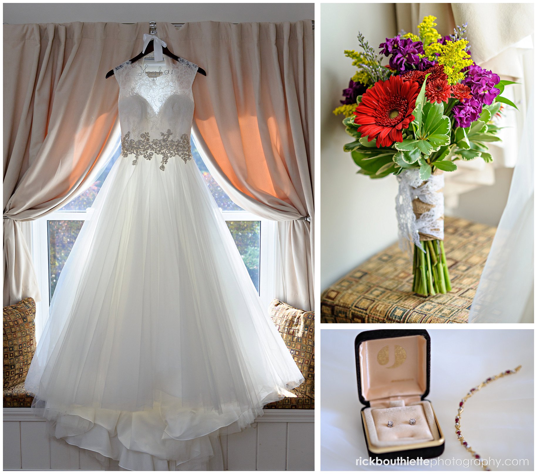 bride's dress, bouquet and jewelry details
