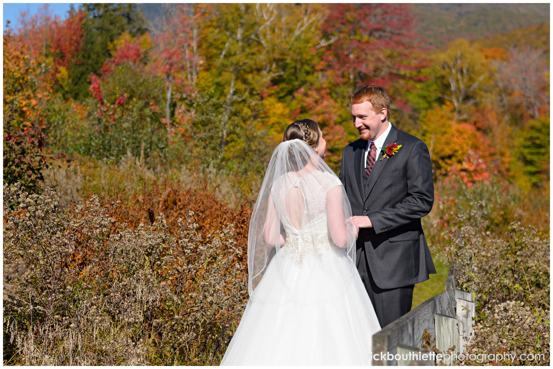 bride and groom during first look at Indian Head Resort wedding